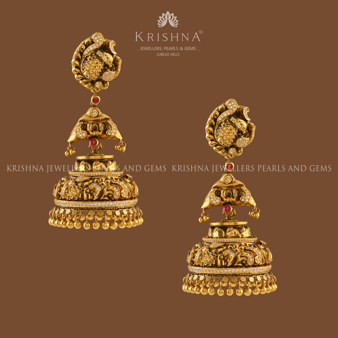 Antique Gold Peacock Jhumka Earrings - Krishna Jewellers Pearls and Gems