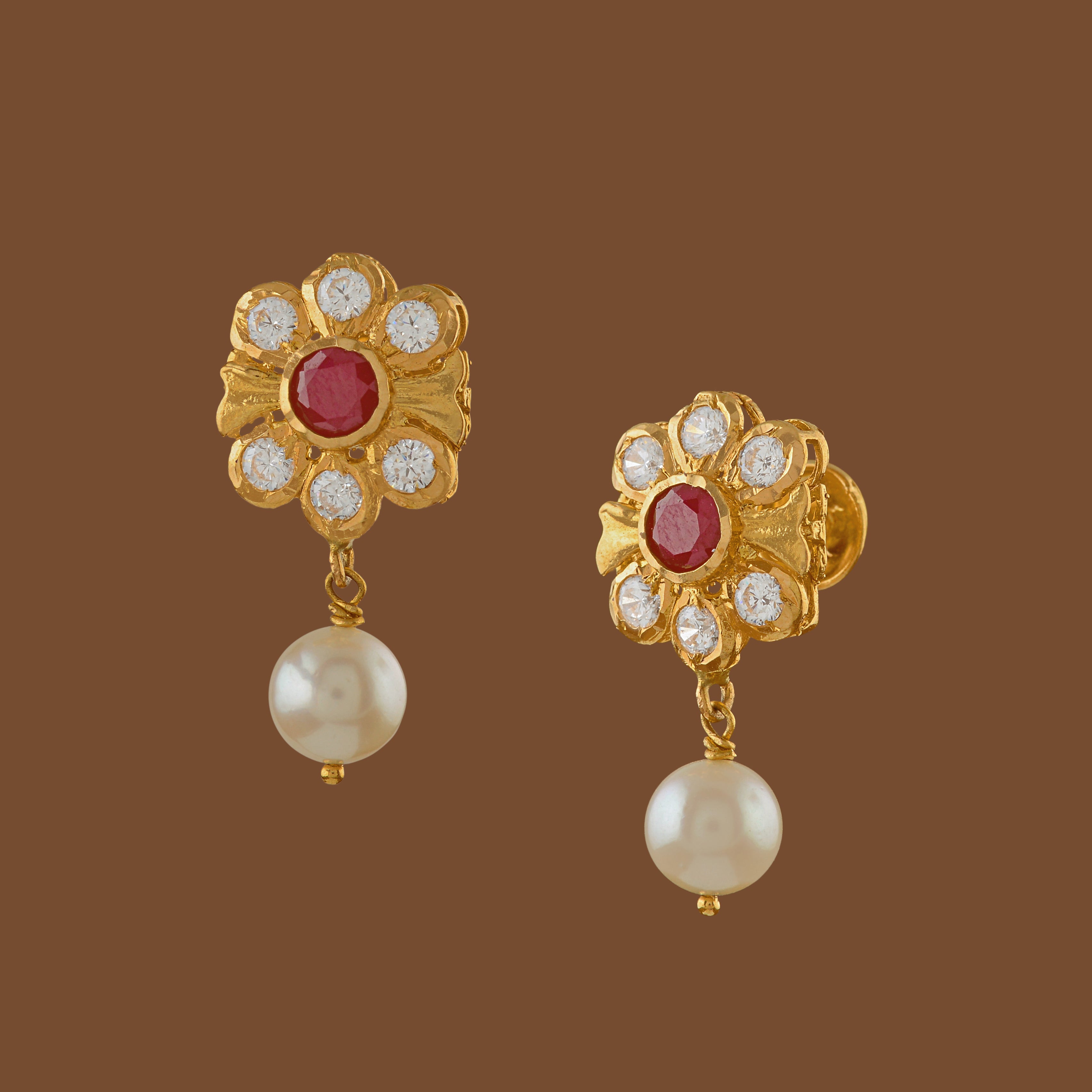 Floral Diamond Earrings With Pearl Drops - Krishna Jewellers Pearls and Gems