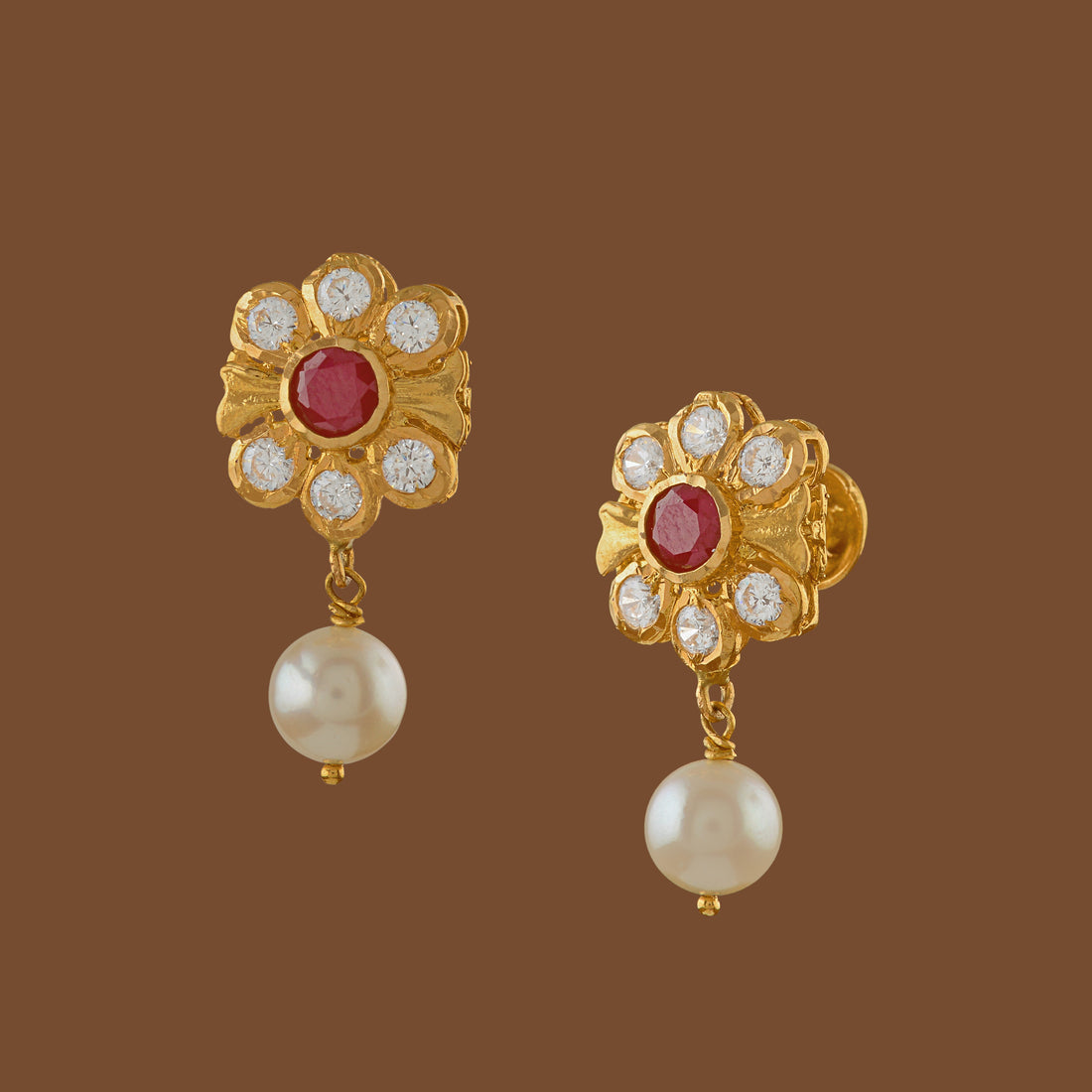 Floral Diamond Earrings With Pearl Drops - Krishna Jewellers Pearls and Gems