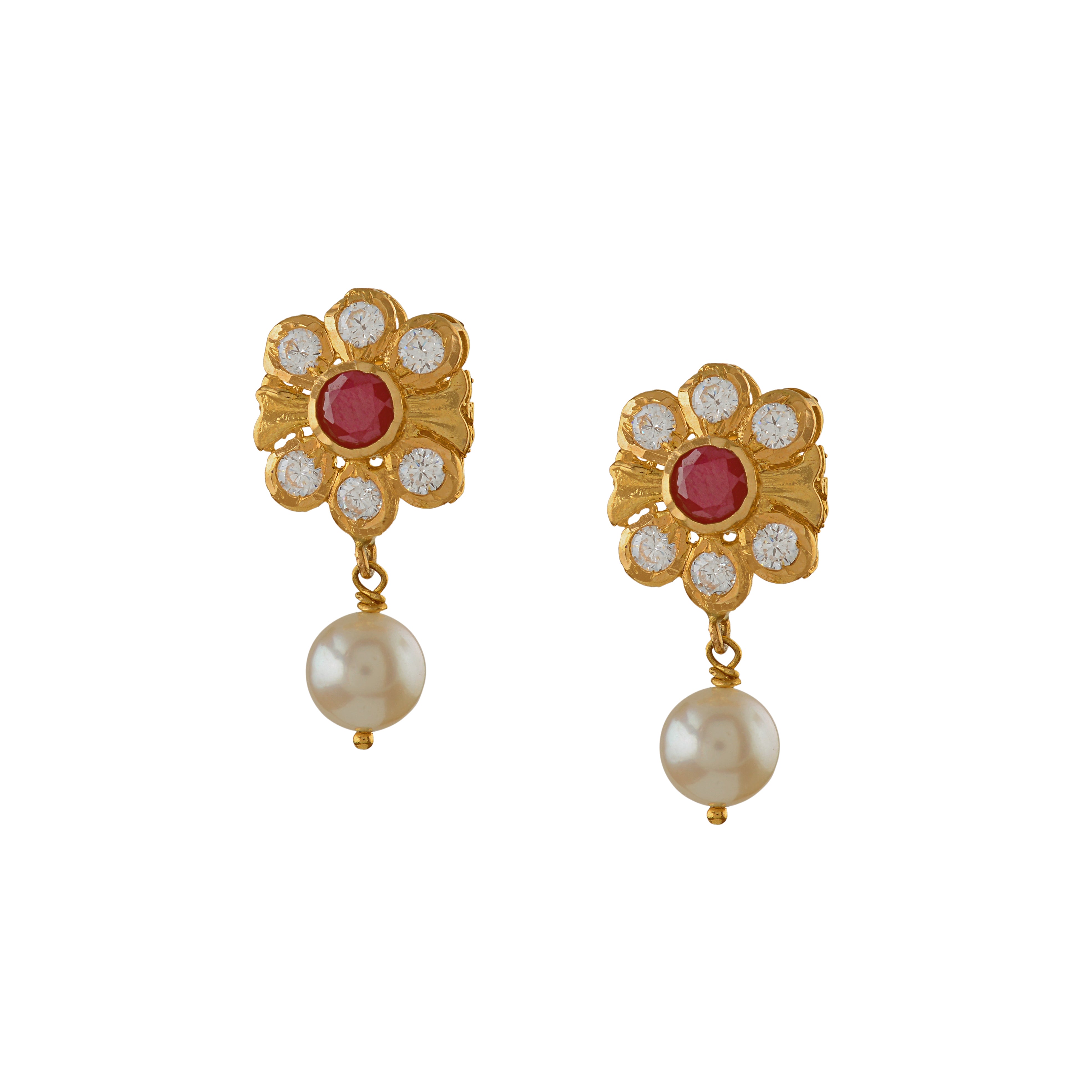 Floral Diamond Earrings With Pearl Drops - Krishna Jewellers Pearls and Gems