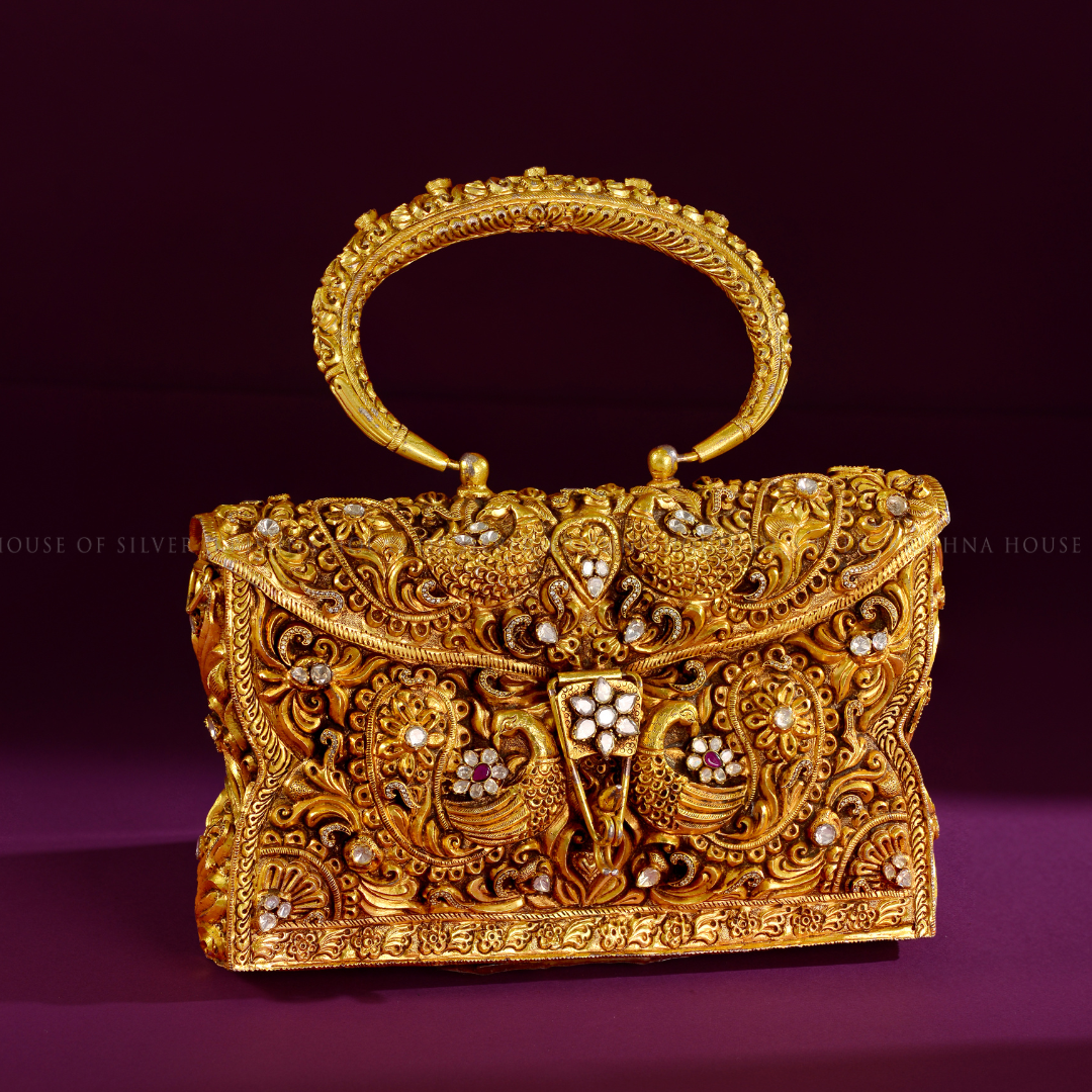 92.5 Silver Peacock Clutch with Gold Finish