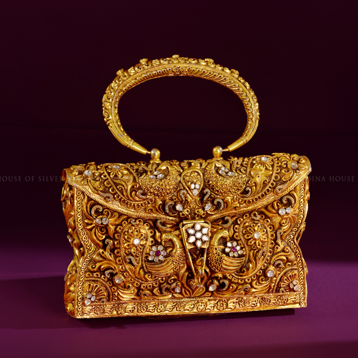 92.5 Silver Peacock Clutch with Gold Finish