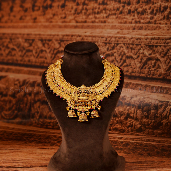 22K Gold Lakshmi Kaasu Necklace with Temple Carvings