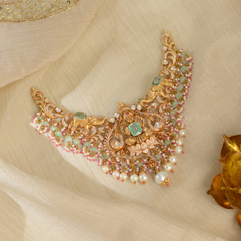 18K Gold Polki Laxmi Devi Necklace with Green Stones | Divine Temple Jewellery