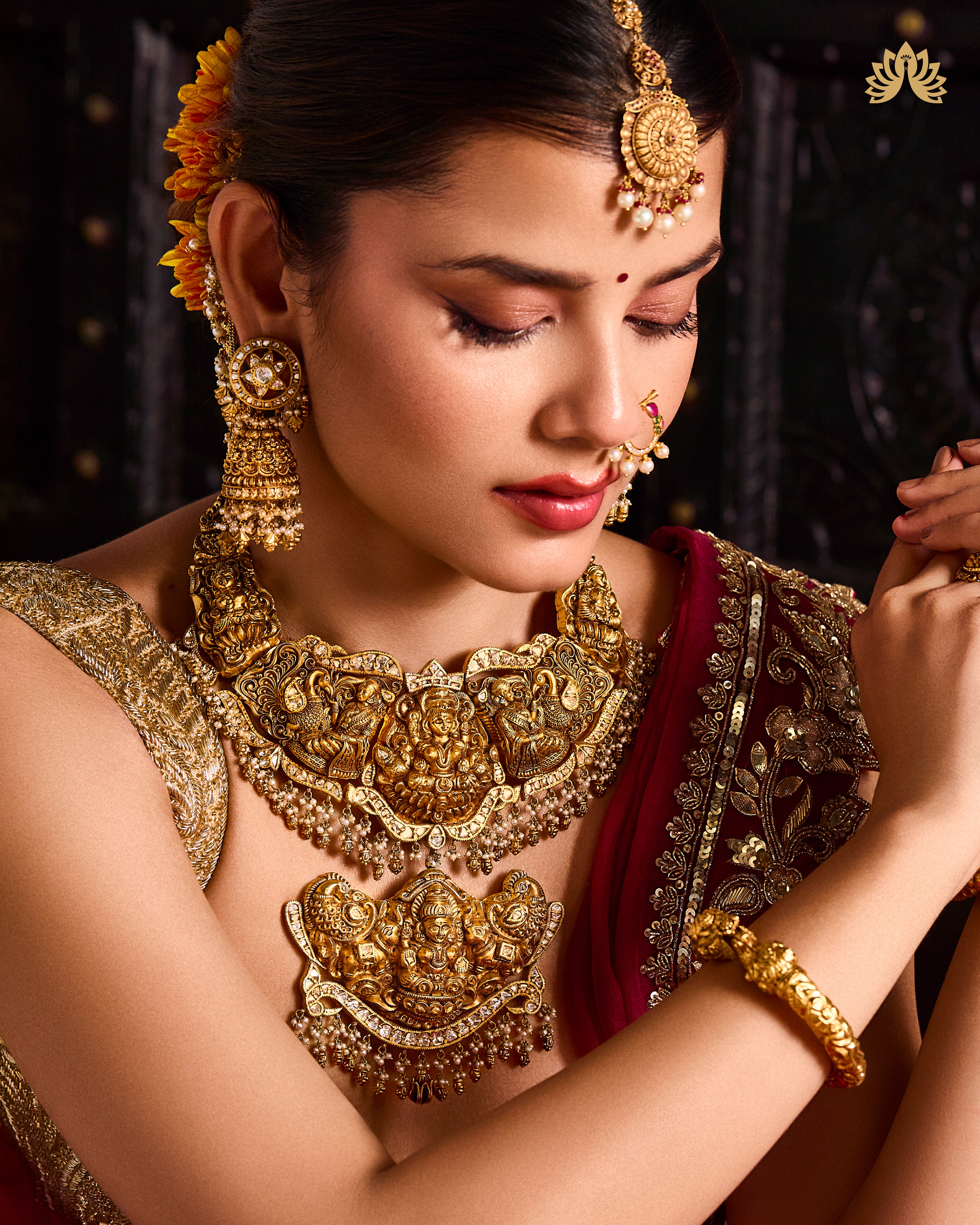 Antique Gold Temple Necklace with Detachable Gajalakshmi Pendant - detail