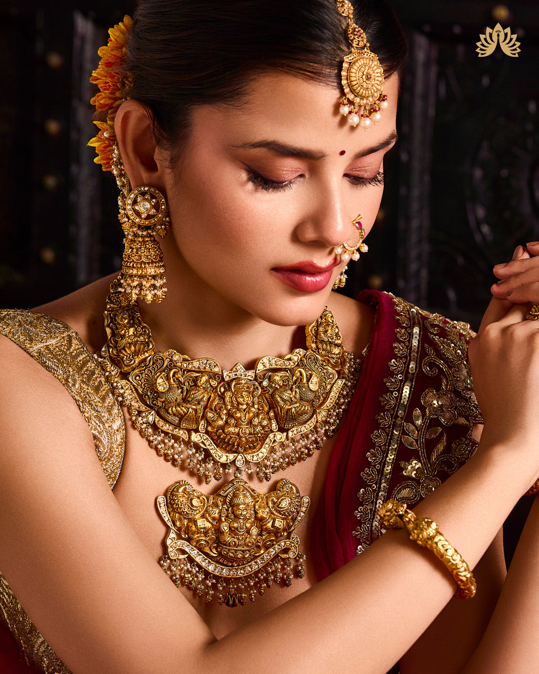 Antique Gold Temple Necklace with Detachable Gajalakshmi Pendant - detail