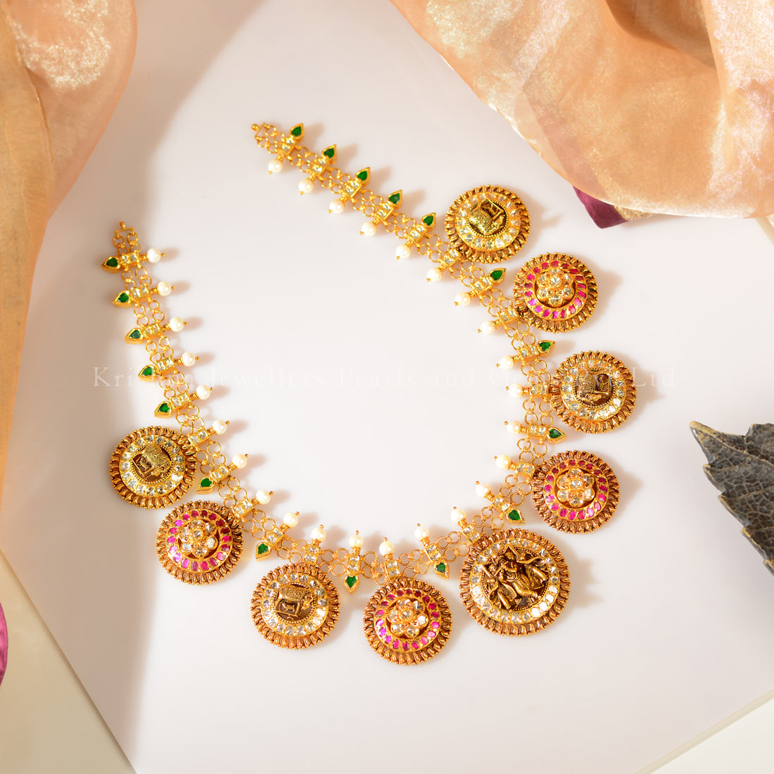 22K Gold Temple Bottu Mala Necklace with Emerald & Ruby Accents