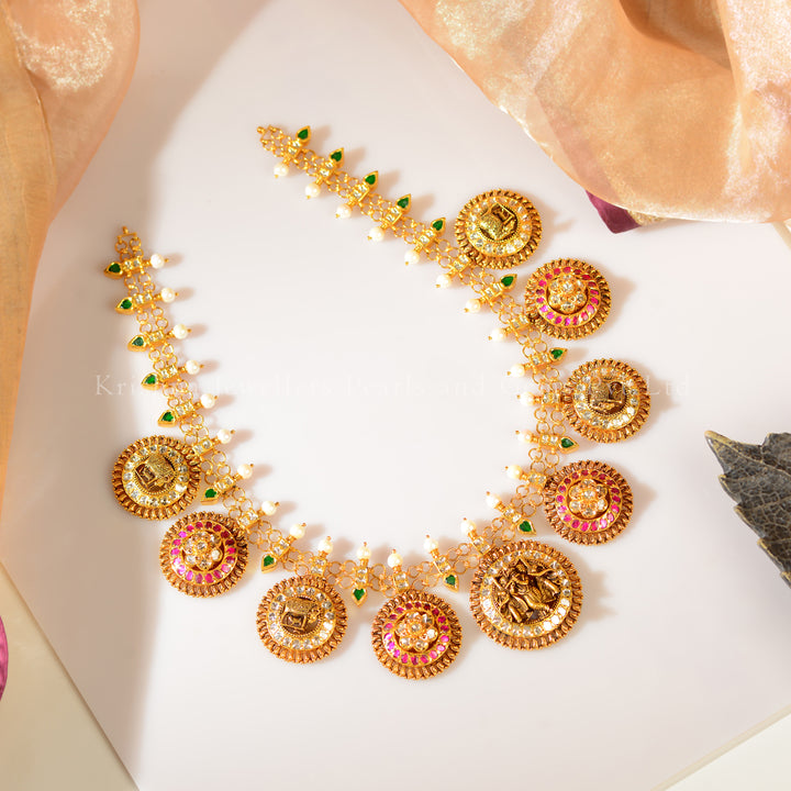 22K Gold Temple Bottu Mala Necklace with Emerald & Ruby Accents