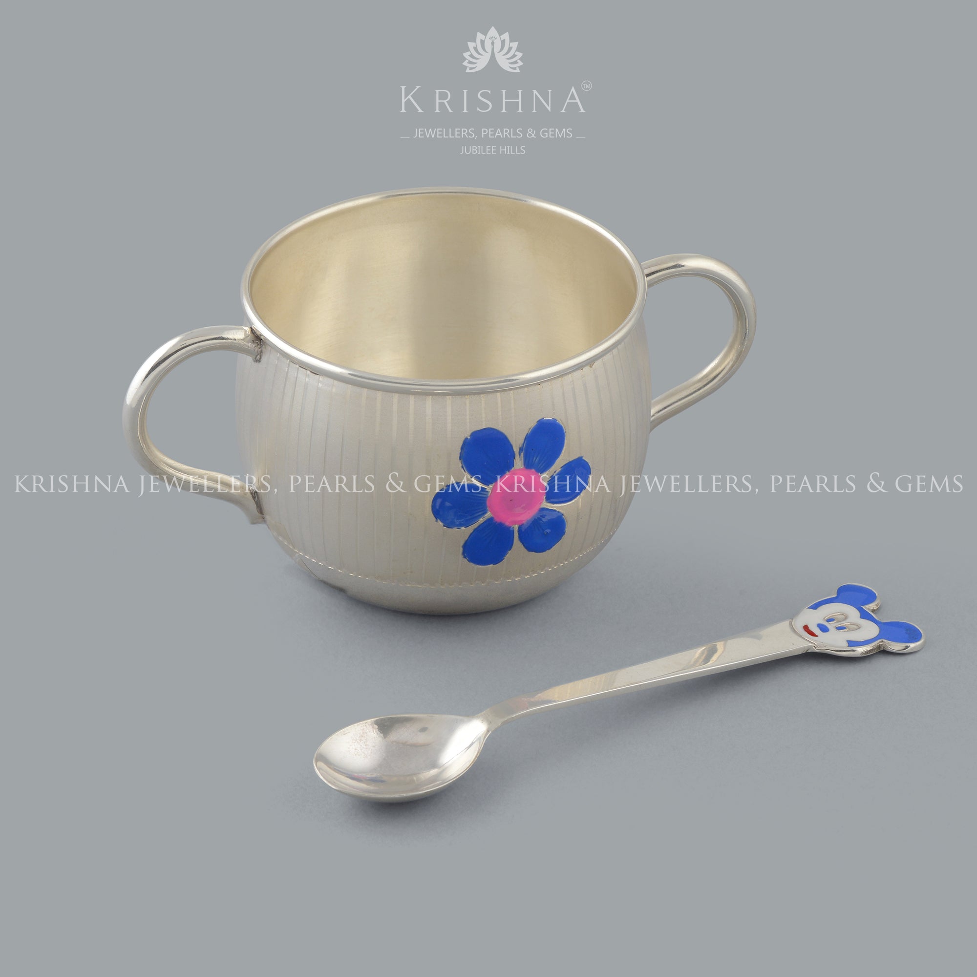 Silver Cup and Spoon for Baby in Cartoon Motif - Krishna Jewellers Pearls and Gems