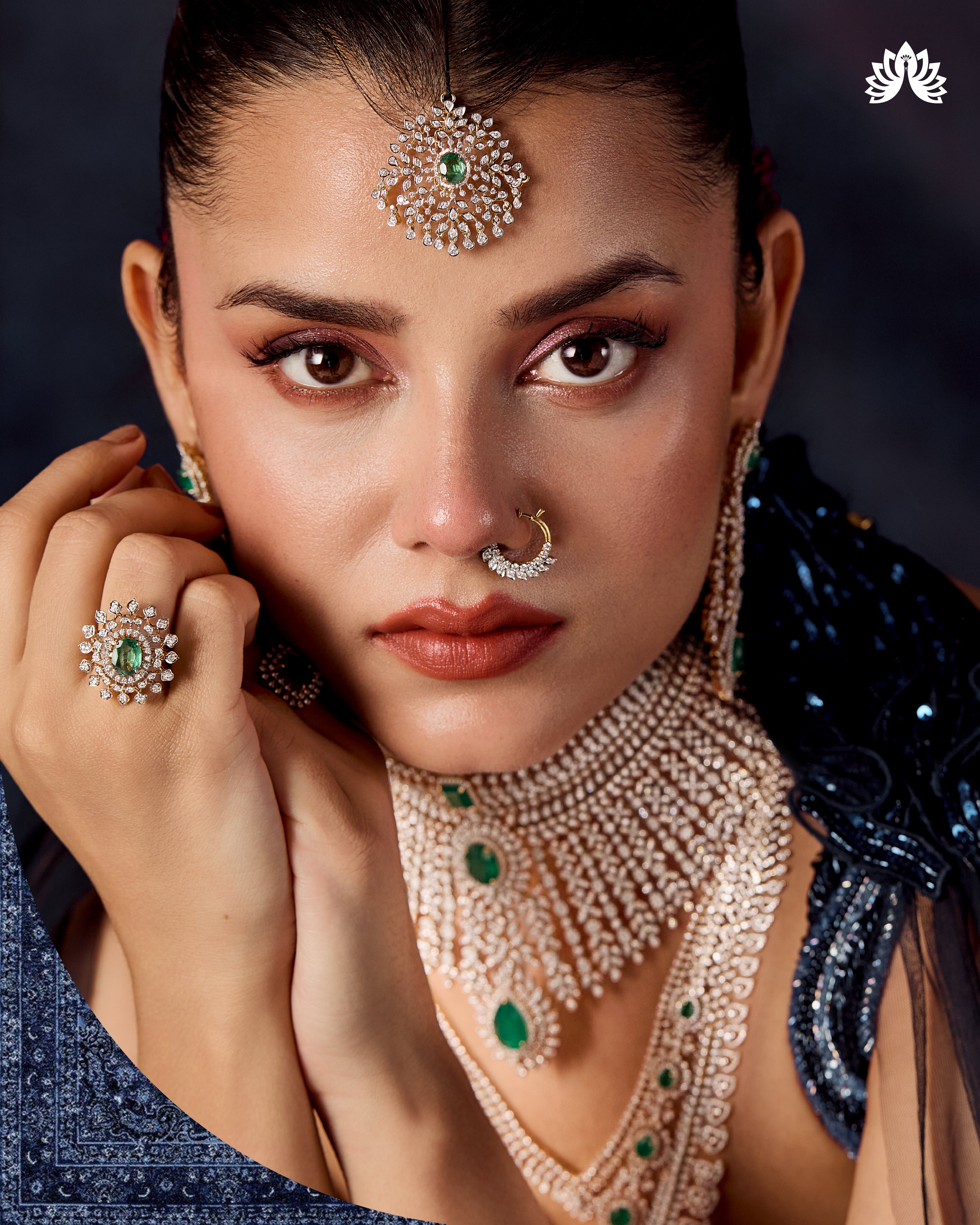 Diamond Emerald Layered Necklace Set | Two-Step Bridal Long Haram - alternate view