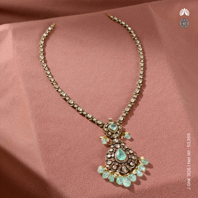 Elegant Polki Diamond Necklace With Emerald Pendant