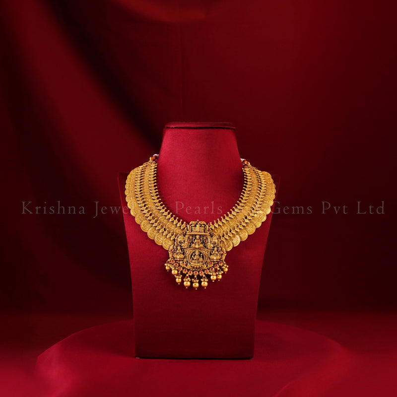 Traditional 22K Gold Lakshmi Kasu Necklace with Ruby Accents