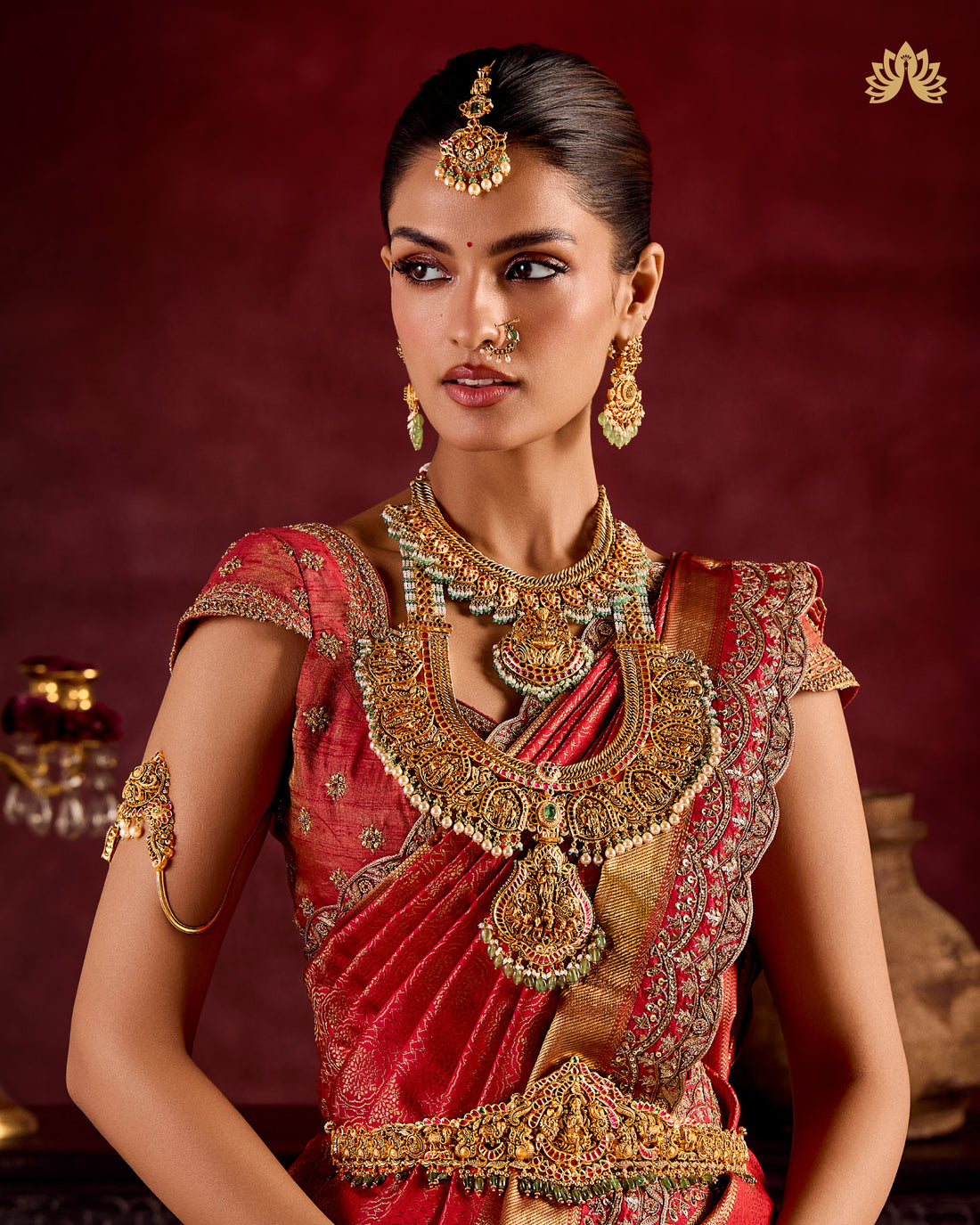 Antique Gold Kempu Vaddanam with Lakshmi Motif and Emerald Drops - detail