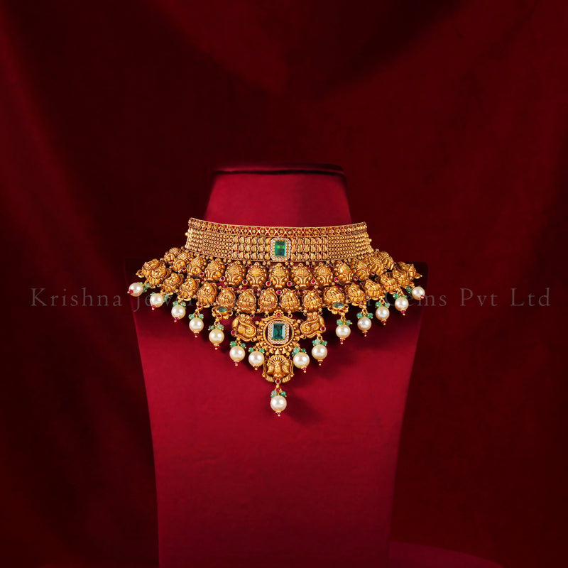 Elegant 22K Gold Bridal Choker with Ruby Pota & Emerald Beads