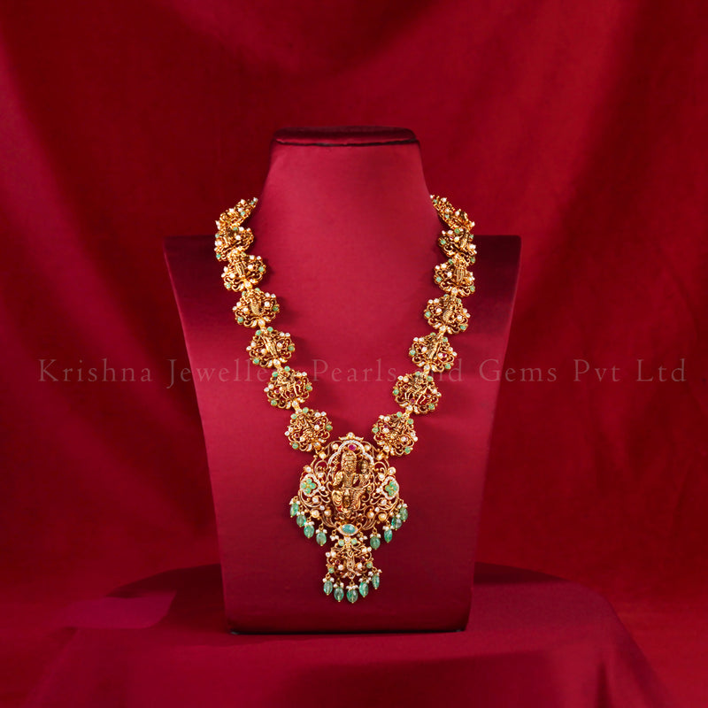 Victorian Dasavatharam Long Necklace with Emerald Beads & Pearl Drops
