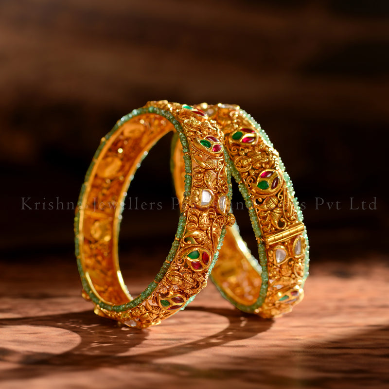 22K Gold Lakshmi Bridal Bangles with Emerald Beads
