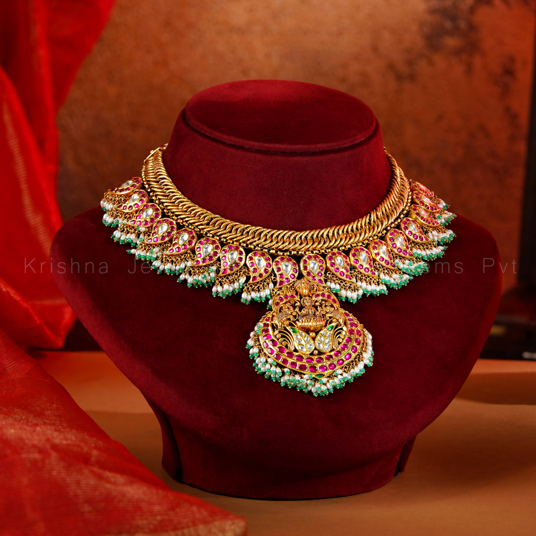 Antique Gold Lakshmi Kanti Necklace with Ruby, Kundan & Pearls