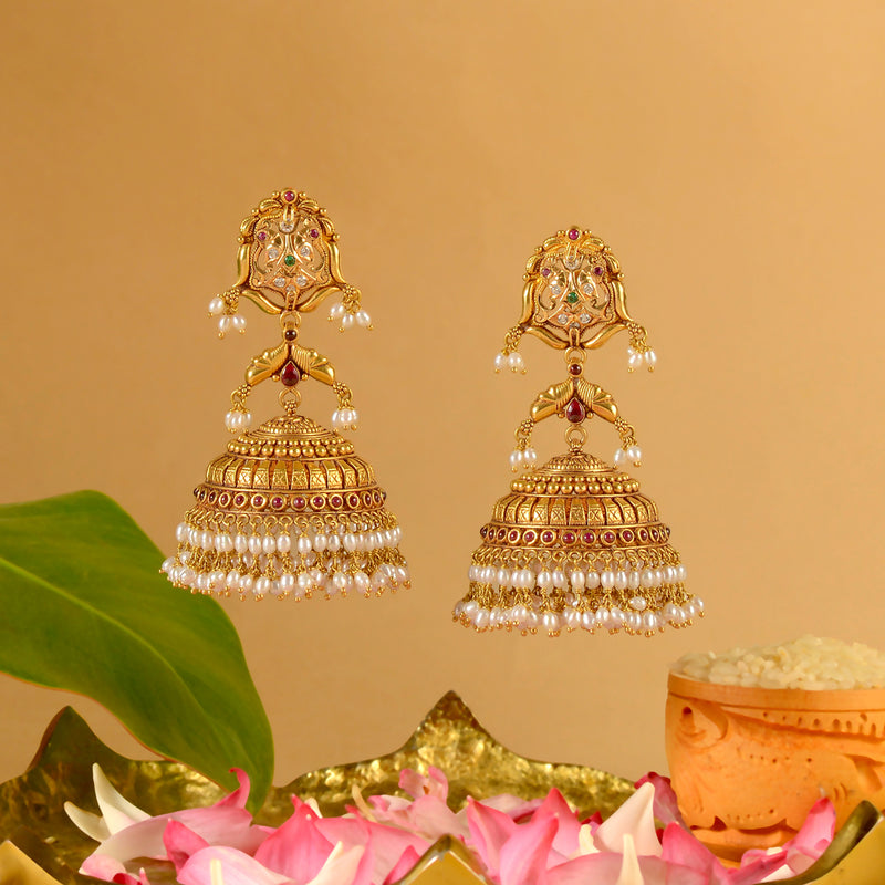 22K Gold Temple Jhumkas with CZs, Ruby Pota & Pearl Drops