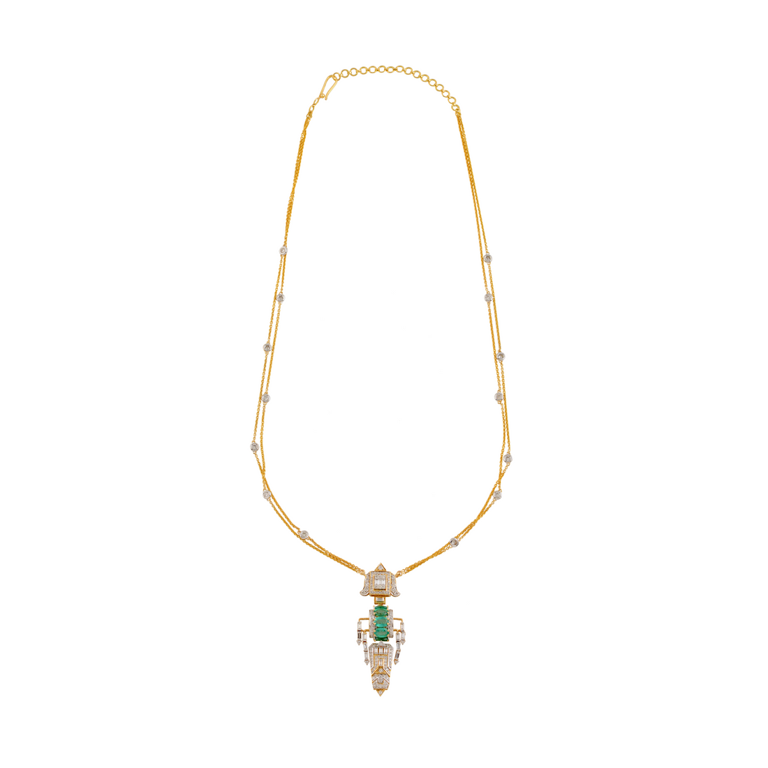 Geometric Diamond and Emerald Pendant with Gold Chain