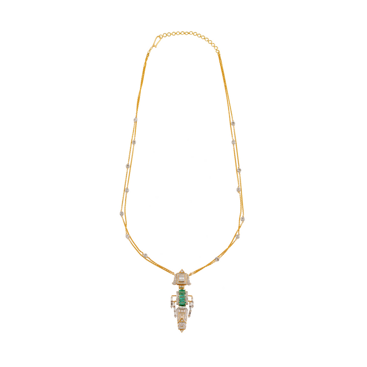 Geometric Diamond and Emerald Pendant with Gold Chain