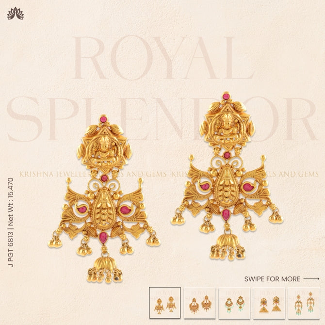 22k Temple-Style Earrings with Ruby Pota Motif