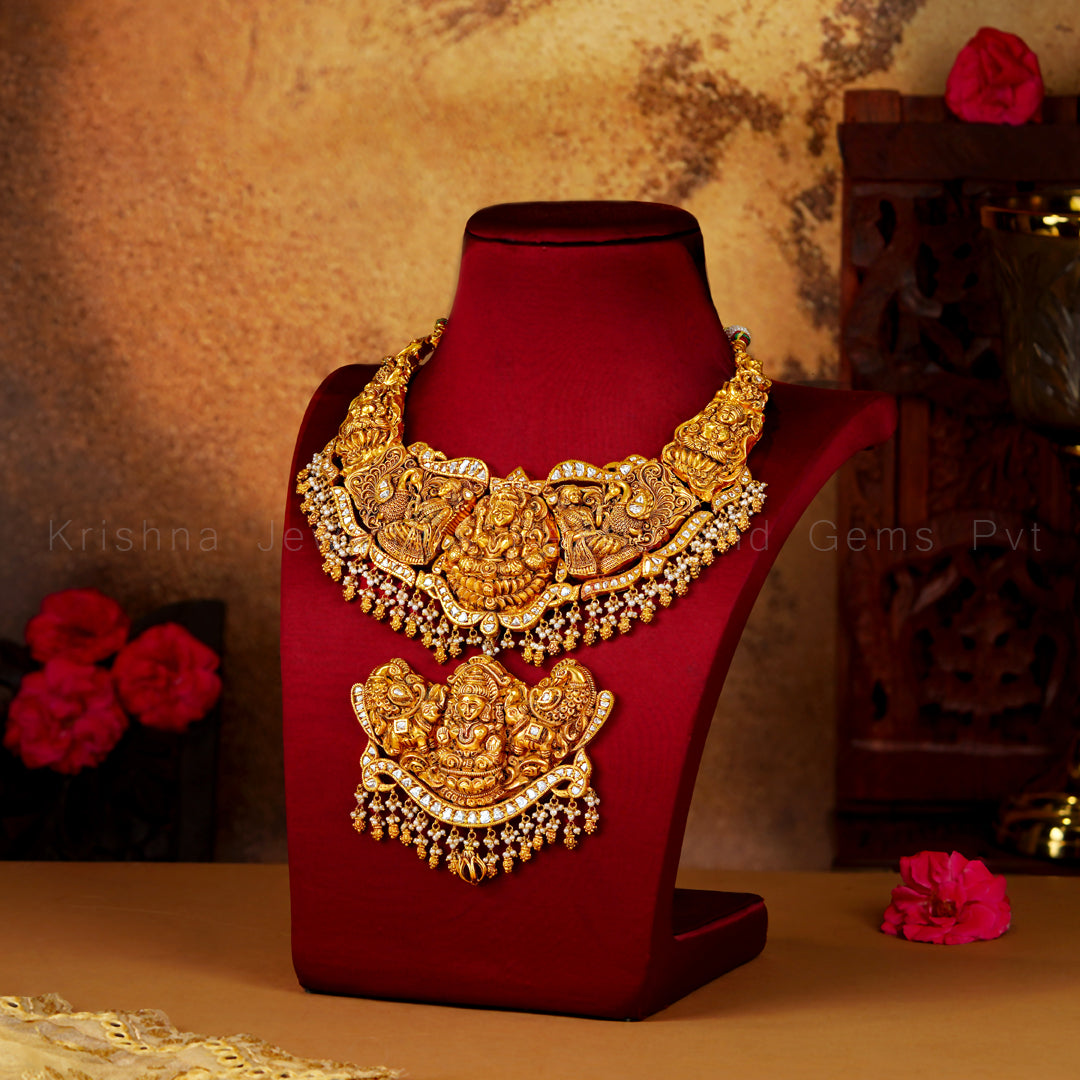 Antique Gold Temple Necklace with Detachable Gajalakshmi Pendant