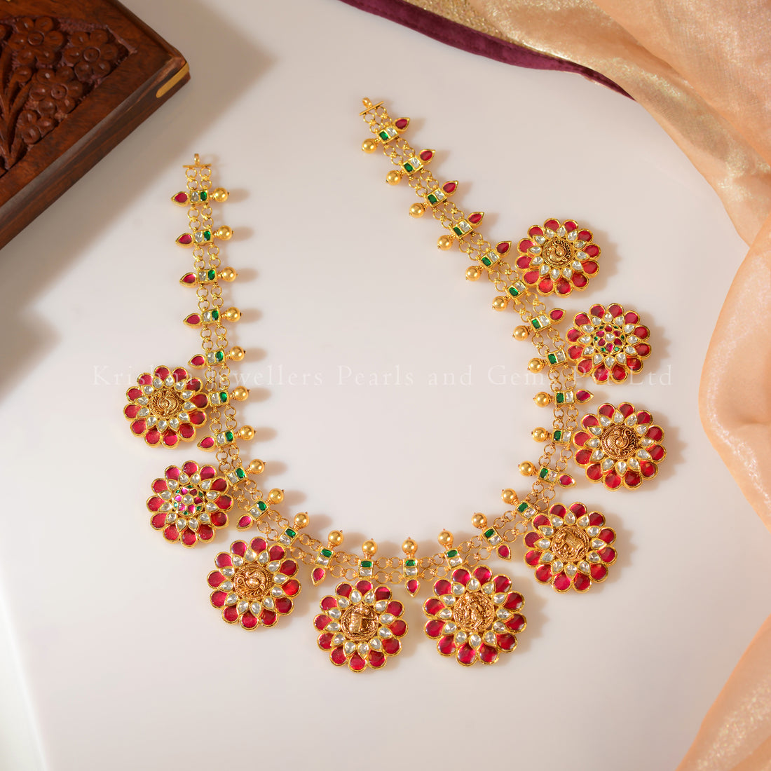 22K Gold Ruby Kundan Bottu mala Necklace
