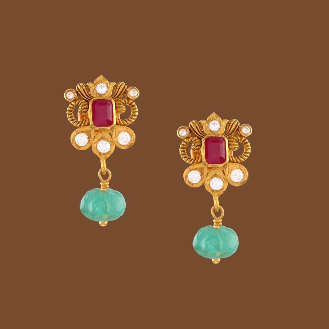 22K Gold Earrings With Karbuja Emerald Beads - Krishna Jewellers Pearls and Gems