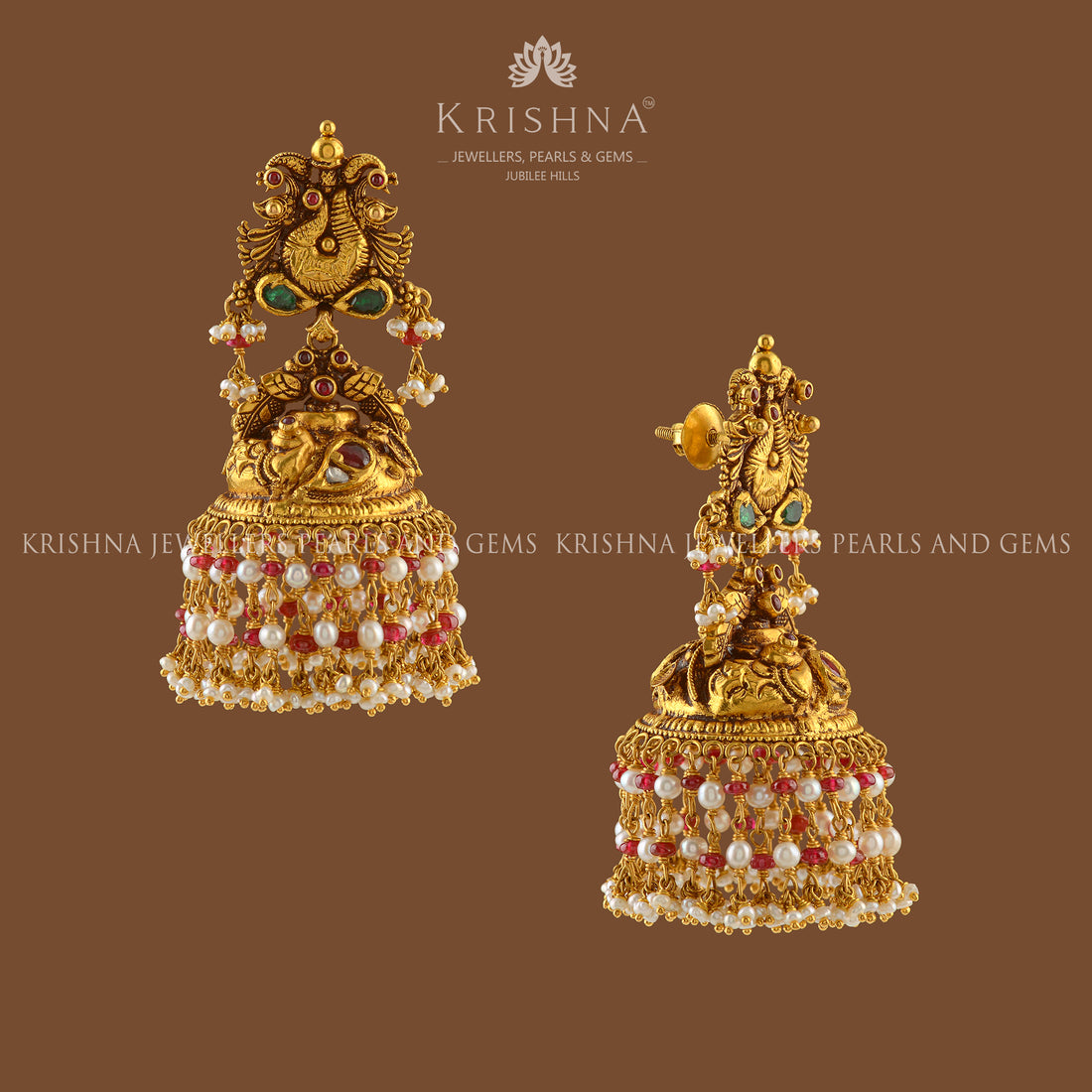 Peacock Pearls Gold Jhumka Earrings - Krishna Jewellers Pearls and Gems
