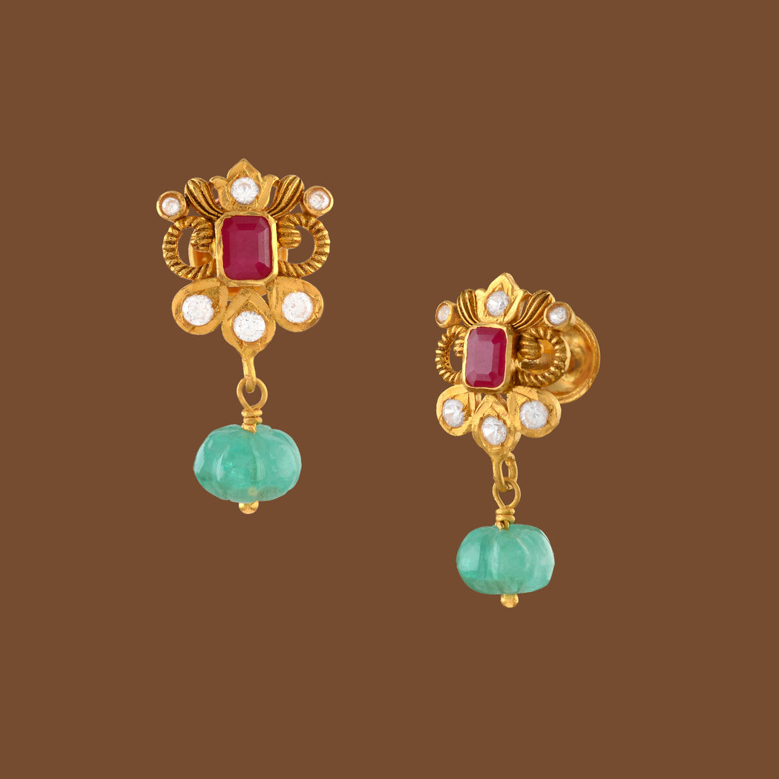 22K Gold Earrings With Karbuja Emerald Beads - Krishna Jewellers Pearls and Gems