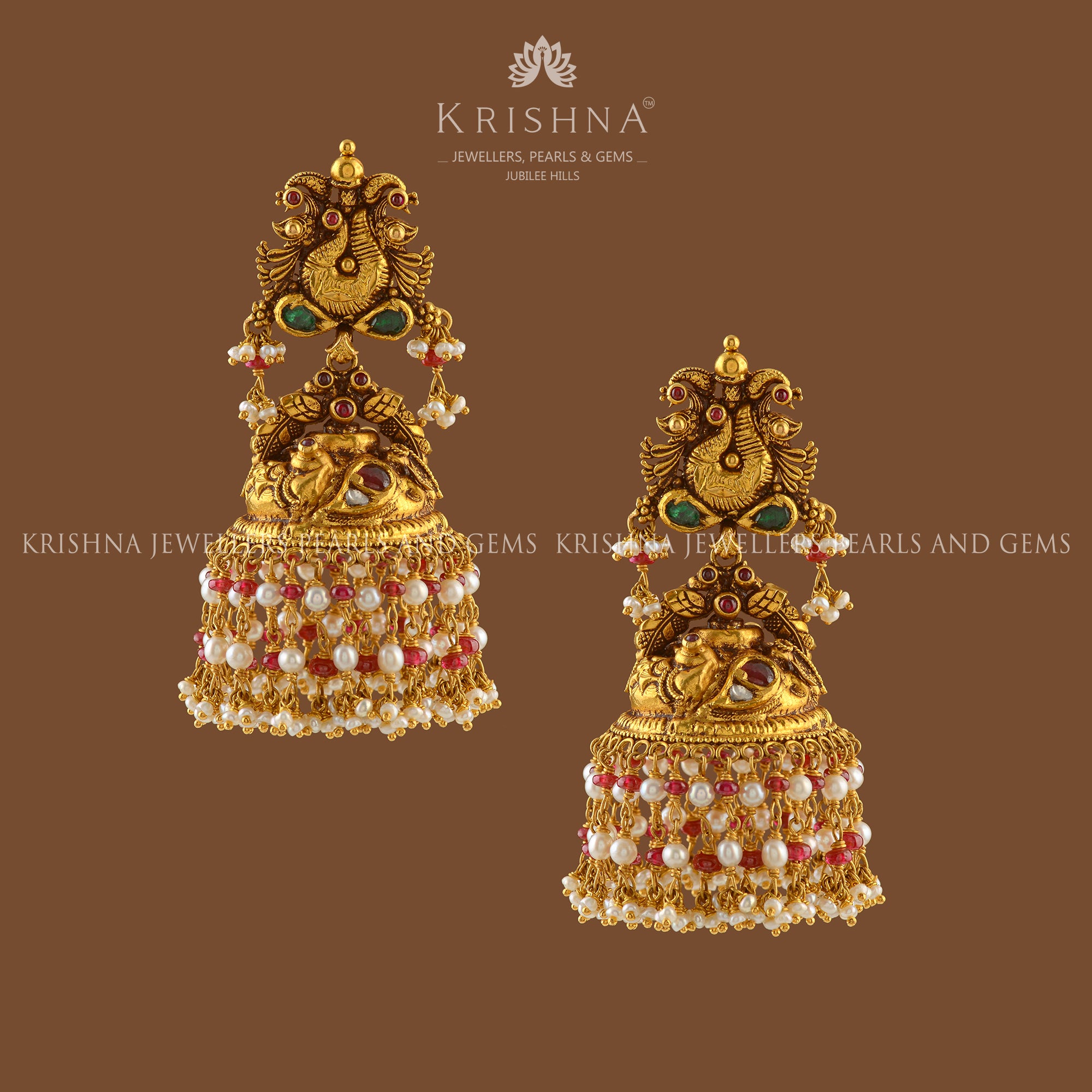Peacock Pearls Gold Jhumka Earrings - Krishna Jewellers Pearls and Gems