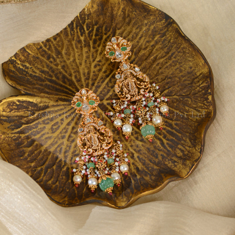 18K Gold Polki Emerald Krishna Design Earrings | Divine Temple Jewellery