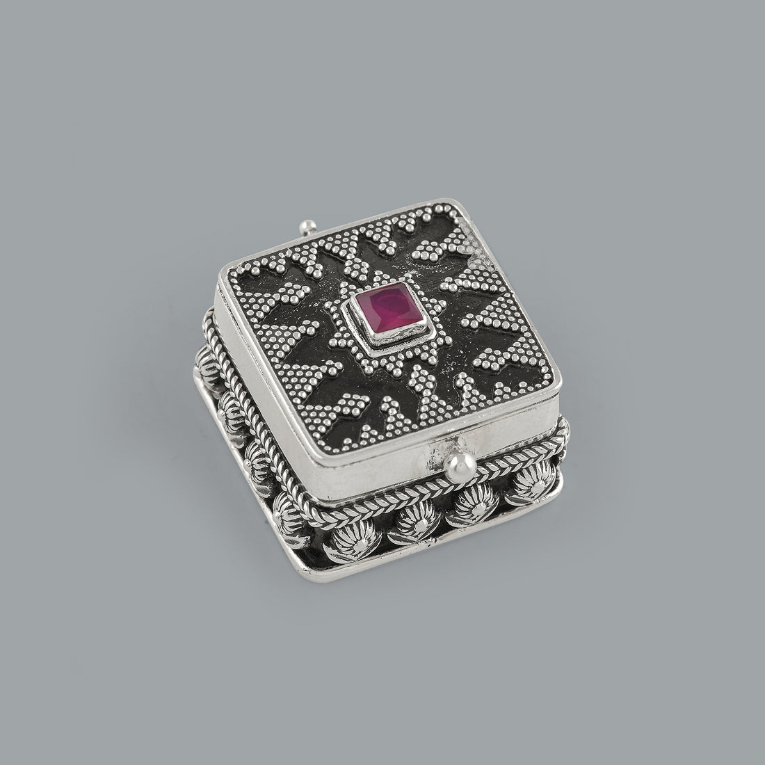 Antique Style Silver Kum Kum Box with Colorful Stones - Krishna Jewellers Pearls and Gems