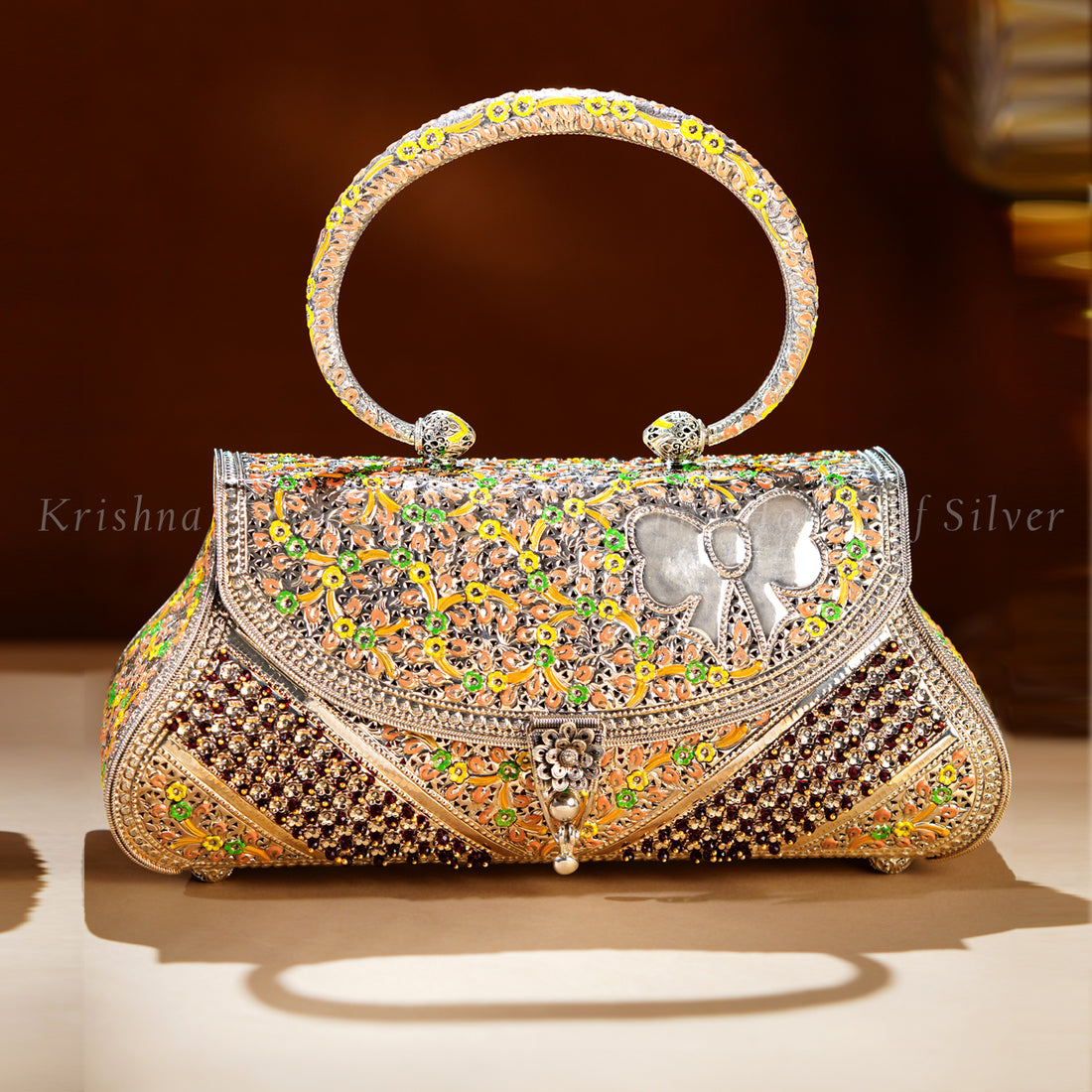 Silver Enamel Floral Clutch with Gold Polish