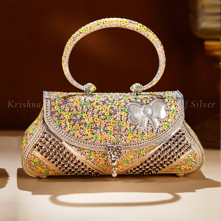 Silver Enamel Floral Clutch with Gold Polish