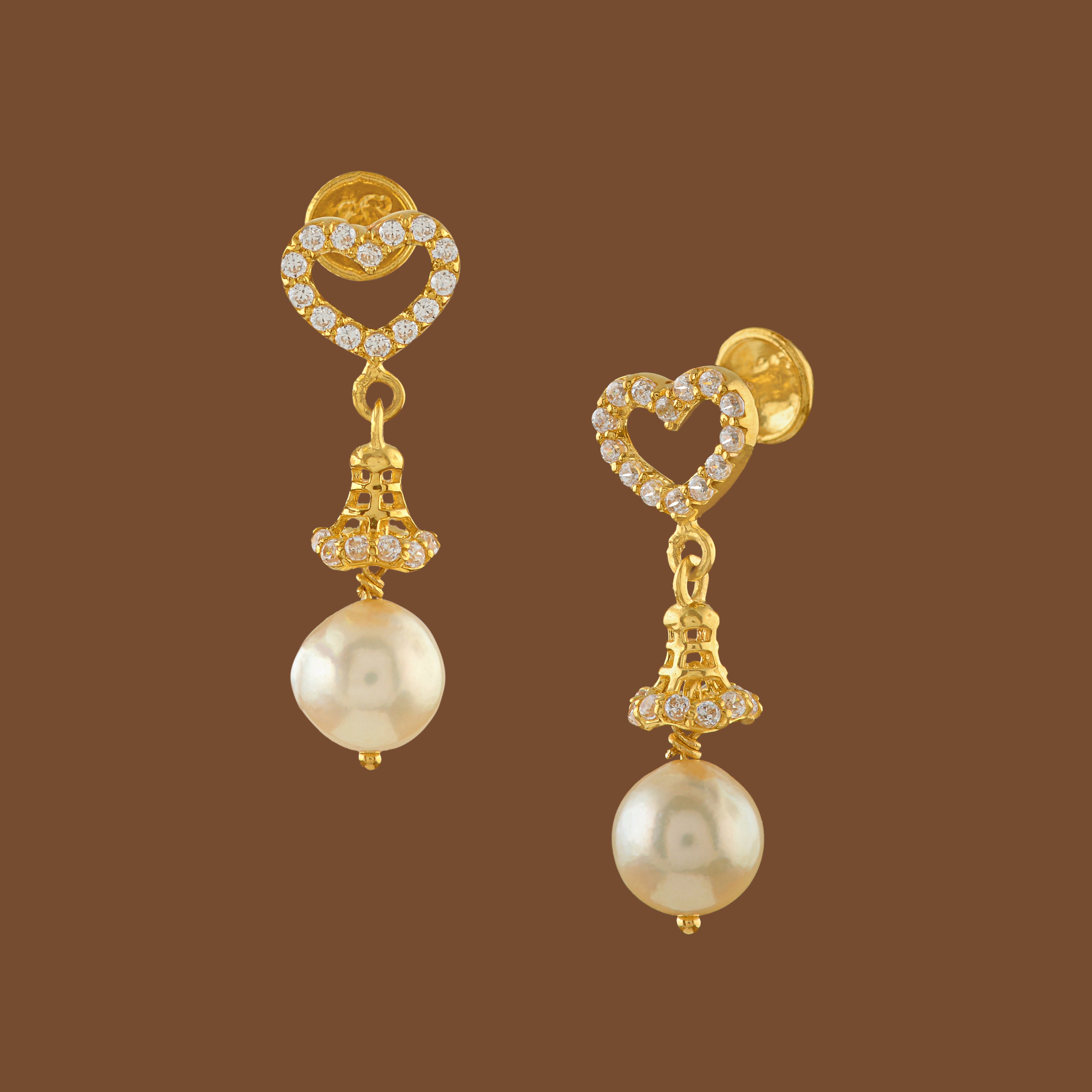 22K Gold Earrings in Heart Motif - Krishna Jewellers Pearls and Gems
