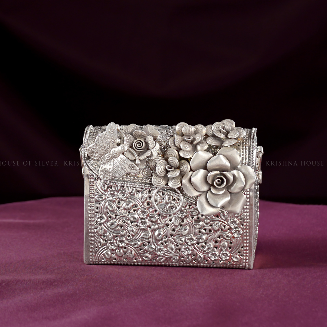 Elegant Silver Floral Clutch