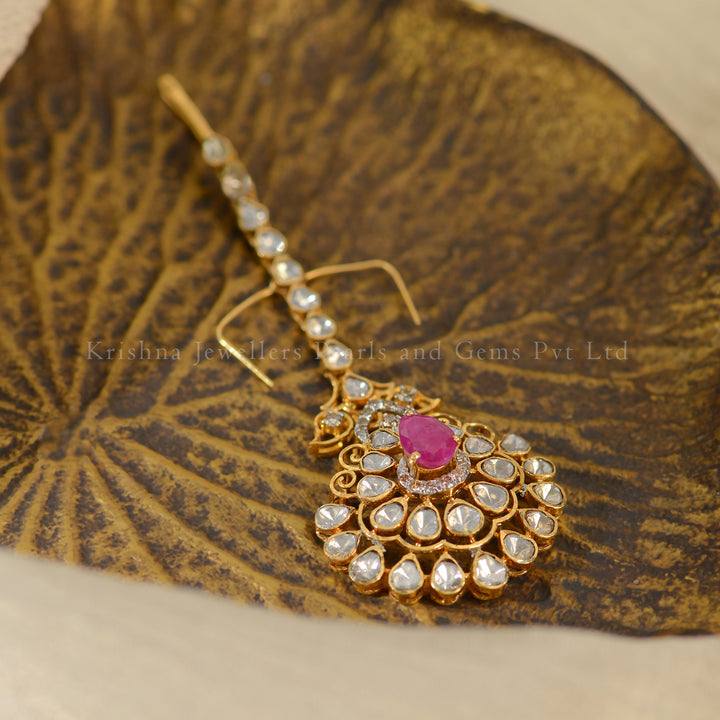 18K Gold Polki Maang Tikka with Ruby Stone | Traditional Bridal Head Jewellery