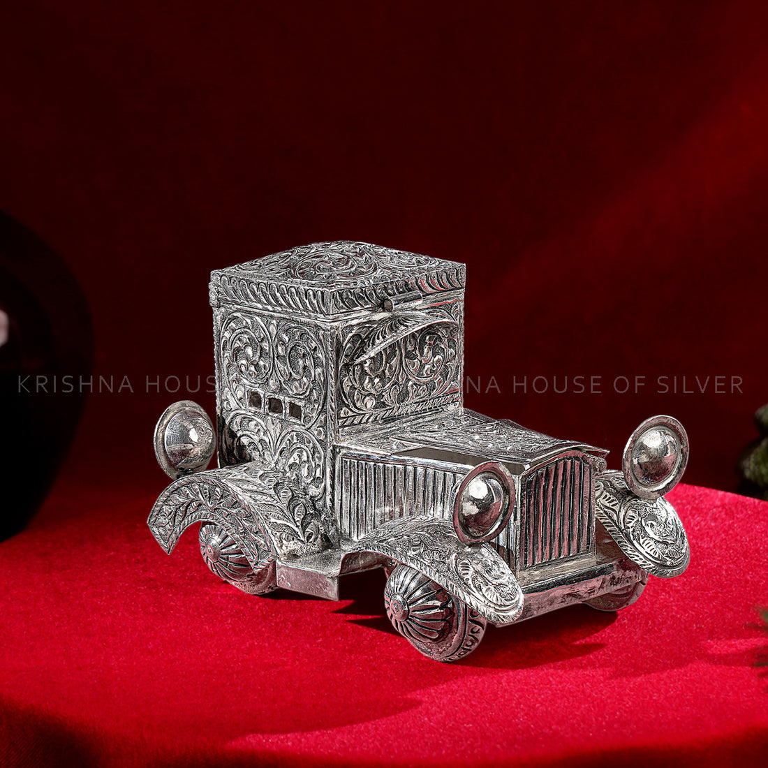 92.5 Silver Car Theme Dry Fruit Box with Floral Detailing