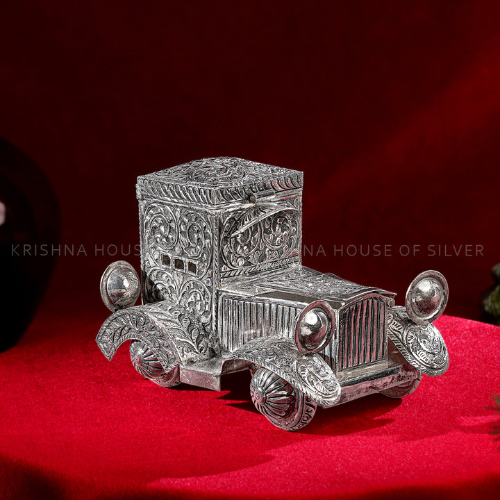 92.5 Silver Car Theme Dry Fruit Box with Floral Detailing