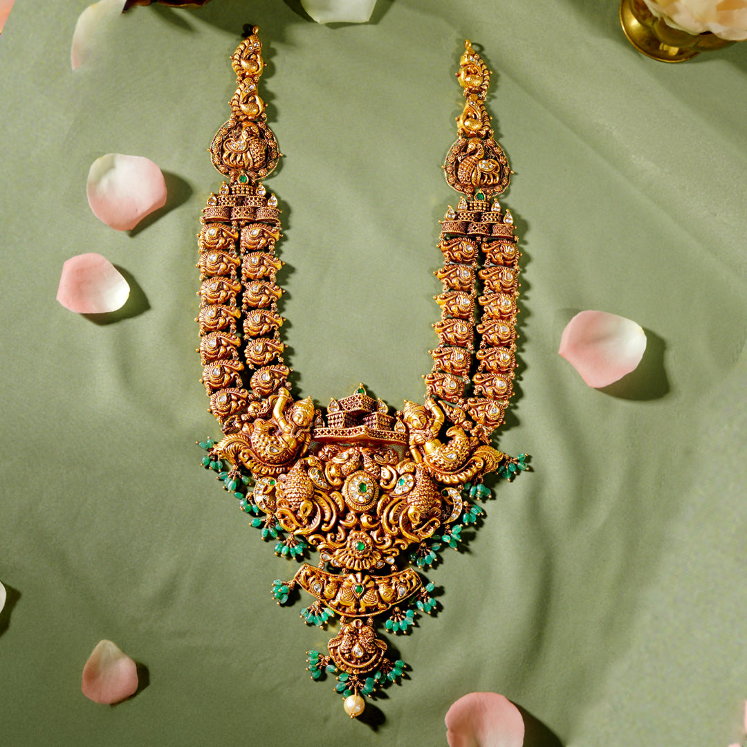 22K Gold Bridal Long Haar with Peacock & Emerald Design