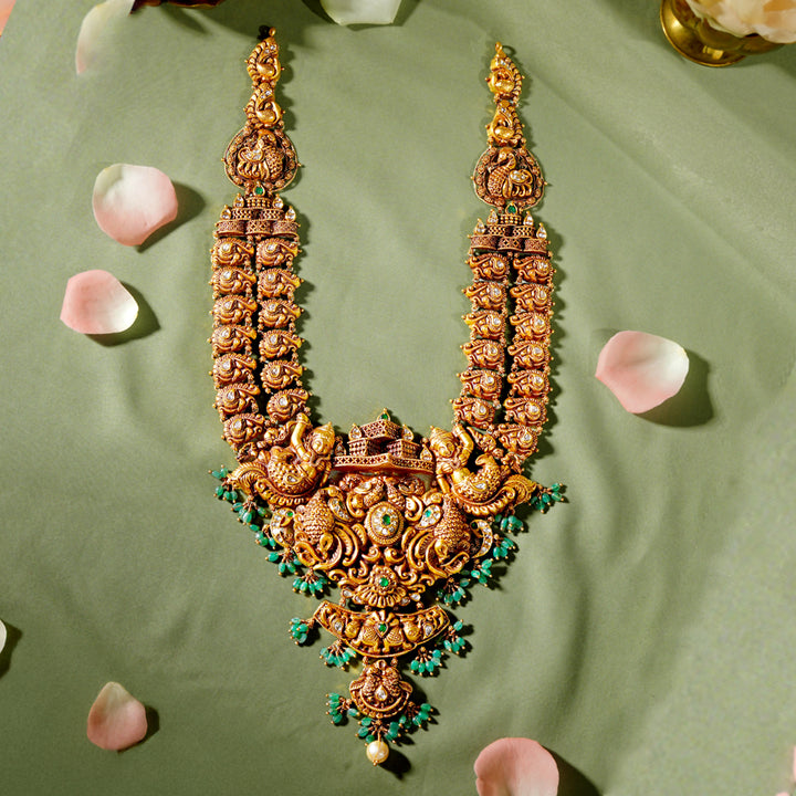 22K Gold Bridal Long Haar with Peacock & Emerald Design