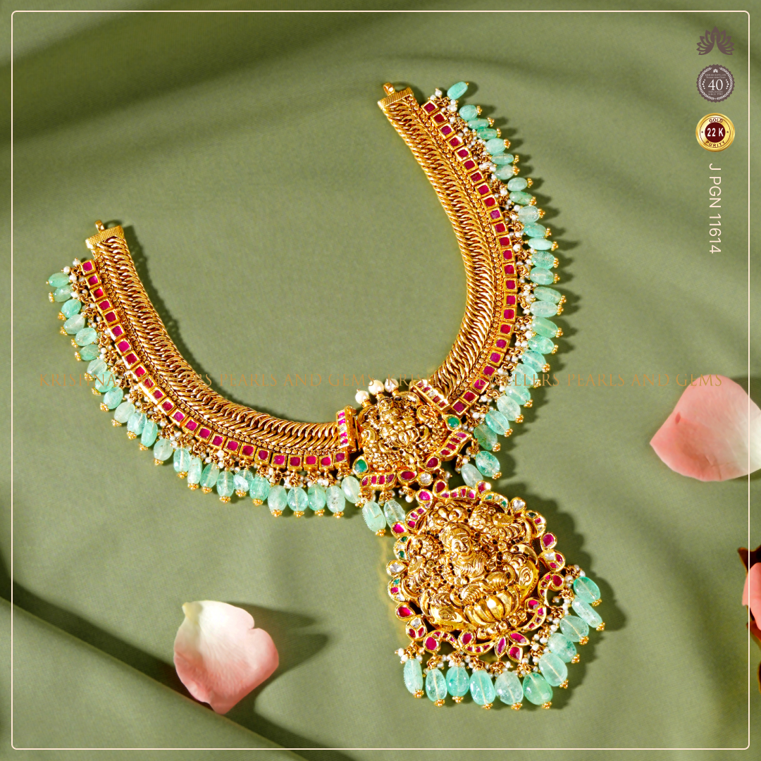 22K Gold Jalebi Lakshmi Devi Necklace Crafted with Emeralds