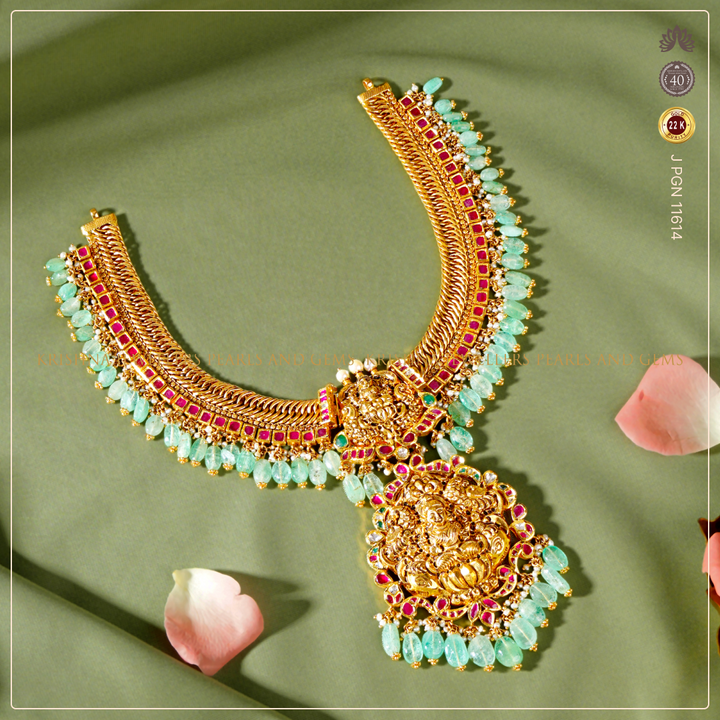 22K Gold Jalebi Lakshmi Devi Necklace Crafted with Emeralds