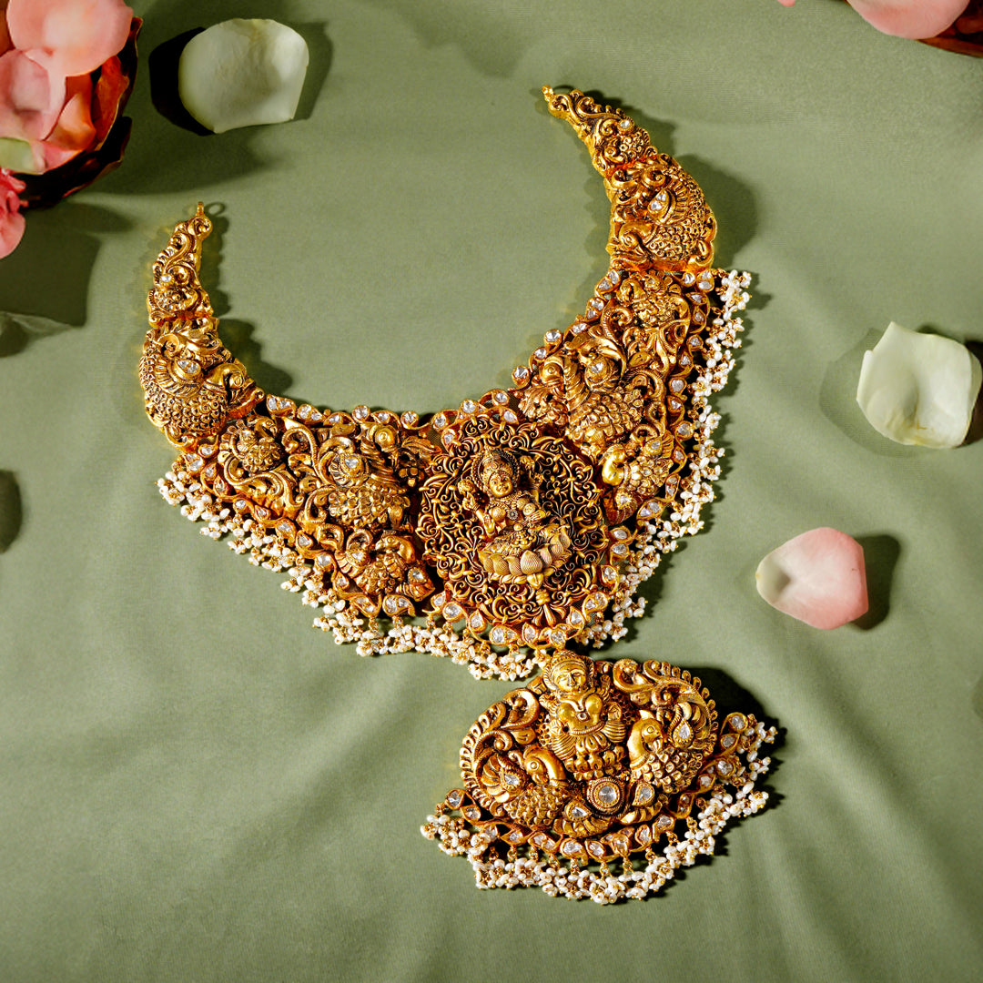 22K Gold Laxmi Devi Short Necklace | Temple Jewellery Design