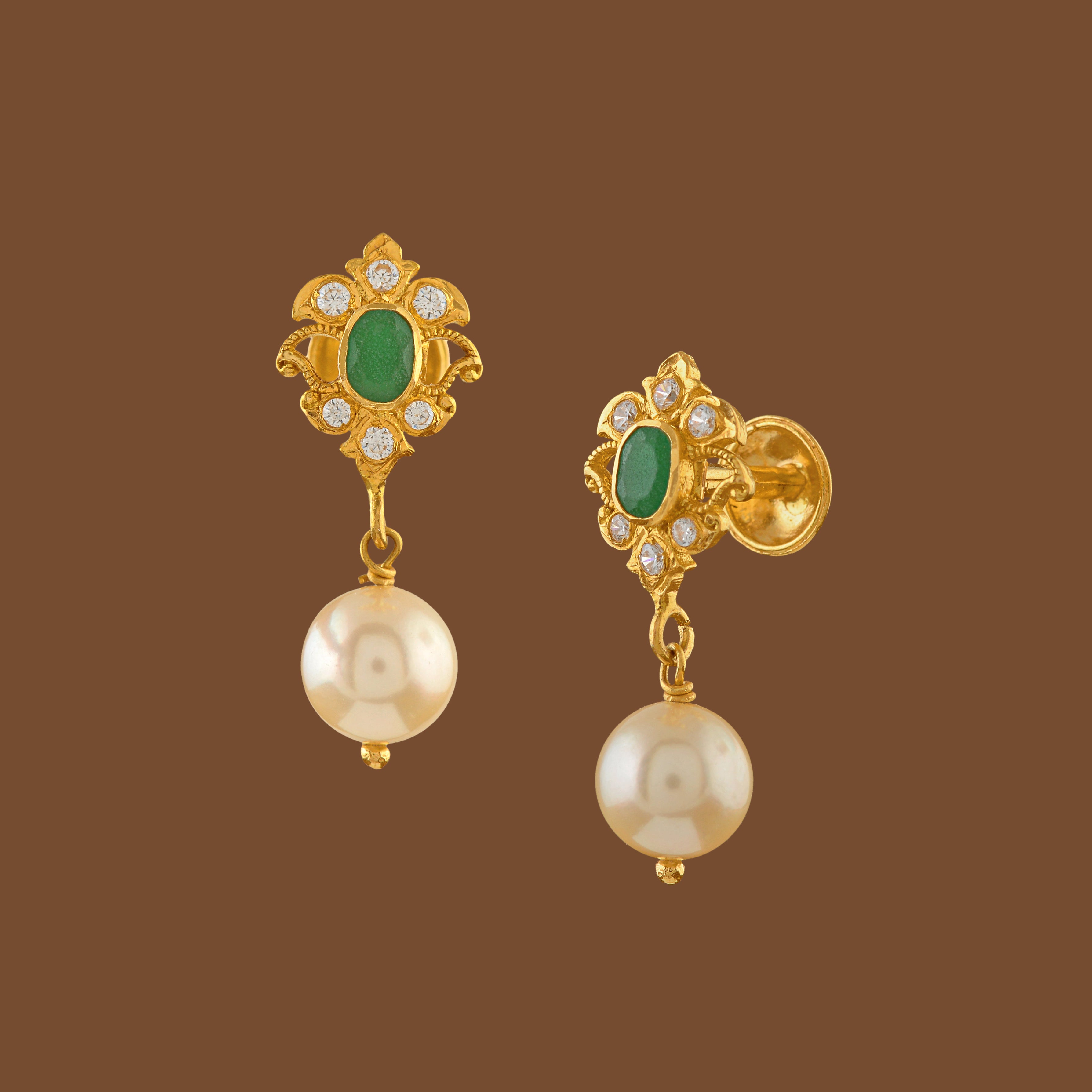 22K Gold Earrings With Pearl Hanging - Krishna Jewellers Pearls and Gems