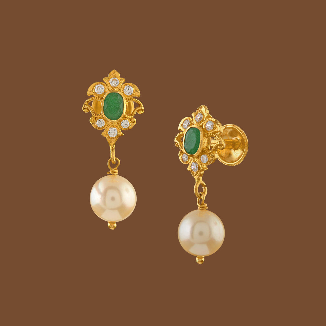 22K Gold Earrings With Pearl Hanging - Krishna Jewellers Pearls and Gems