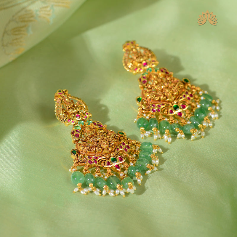 22K Gold Laxmi Devi Earrings with Hanging Emerald Beads