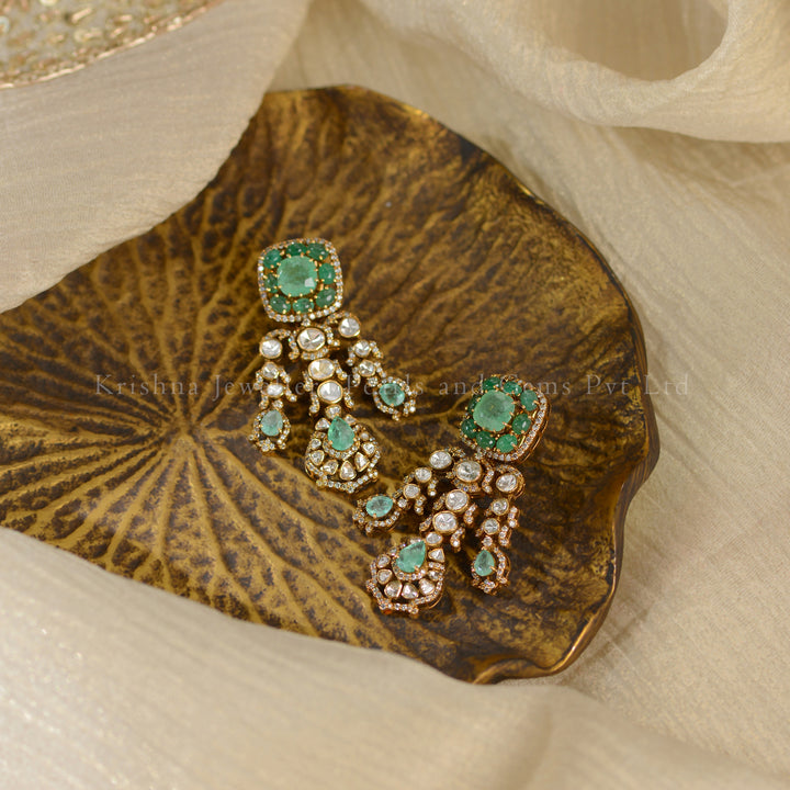 18K Gold Polki Emerald Earrings | Elegant Bridal Drop Earrings