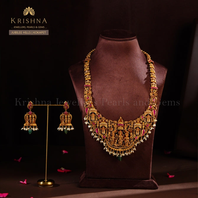 22K Ram Parivar Haram Set with Ruby, Emerald Pota, CZs, Pearls & Emerald Beads